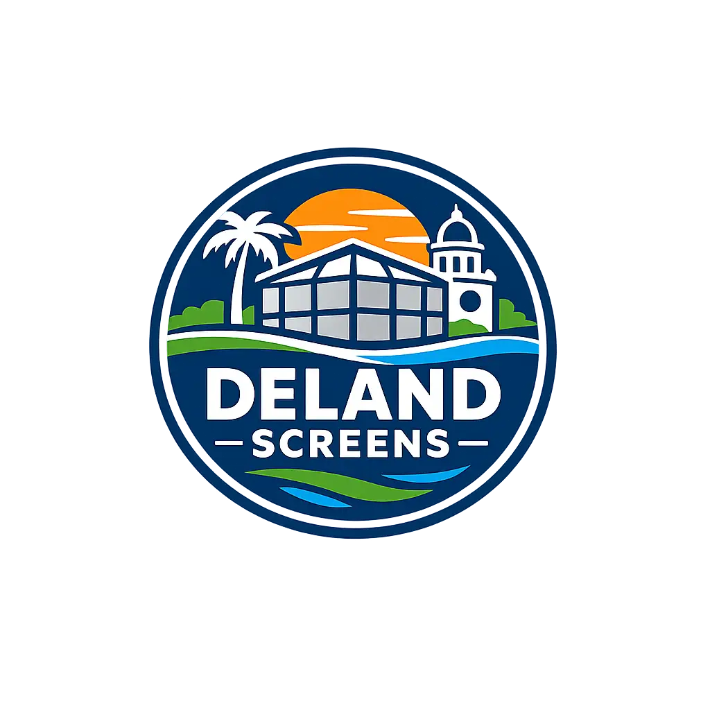 DeLand Screens logo featuring screened enclosure, palm tree, and Florida-inspired design